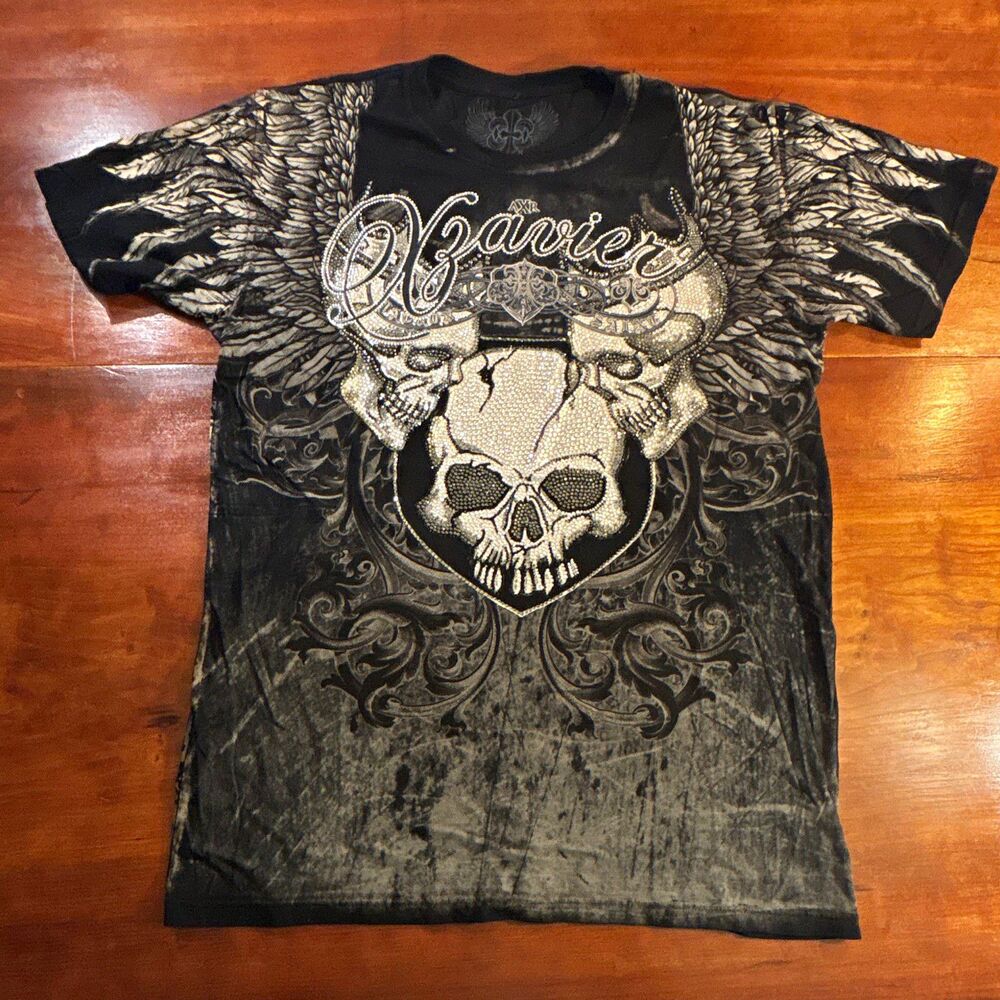 Y2K XZAVIER Black Skull Graphic Print Crewneck Short Sleeve Men’s T-Shirt L